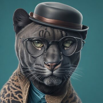 An illustration of Black Panther wearing bowlers hat and specs. plane color background, 3D generative AI images of funny wildlife animals and birds .funny animals. animal art. print on demand. POD.  