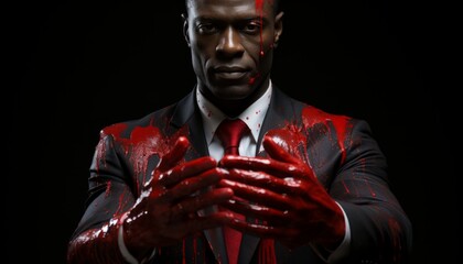 Criminal and maniac killer in bloodied hands. Made in AI