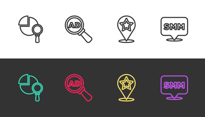 Set line Magnifying glass and analysis, Advertising, Map pointer with star and Social media marketing on black and white. Vector