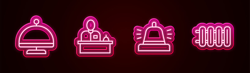Set line Covered with tray, Hotel reception desk, service bell and Heating radiator. Glowing neon icon. Vector