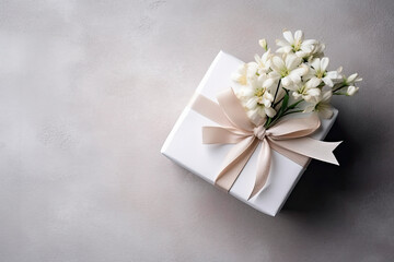 paquete regalo atado con lazo sobre superficie blanca, junto a una flor, sobre superficie lisa