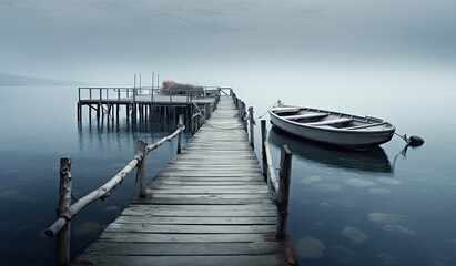 Fototapeta premium embarcadero de madera sobre mar junto a barcas amarradas