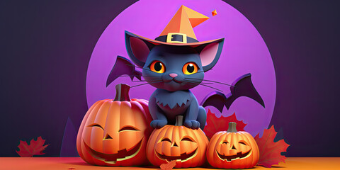 gato negro con sombrero de brujo naranja, rodeado de calabazas con cara sonriente y murciélagos volando a su alrededor, con fondo de sol poniéndose, concepto halloween
