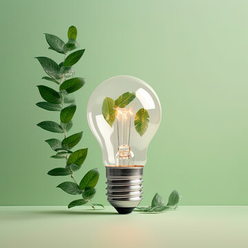 bombilla de cristal conteniendo planta en su interior, junto a rama con hojas verdes, sobre fondo verde