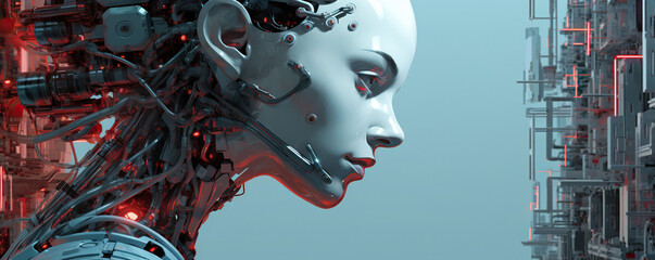 Young female humanoid head is connected to a super computer, symbolizing artificial intelligence. Futuristic illustration of the relationship between humans and neural networks. Copy space