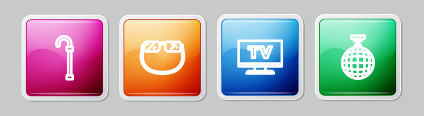 Set line Walking stick cane, Eyeglasses, Smart Tv and Disco ball. Colorful square button. Vector