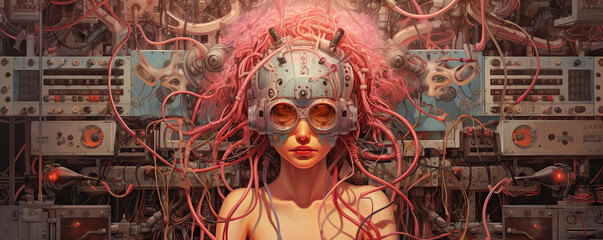 Young female humanoid head is connected to a super computer, symbolizing artificial intelligence. Futuristic illustration of the relationship between humans and neural networks. Copy space