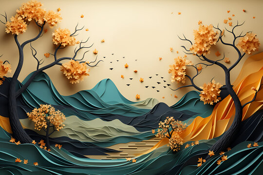 Golden trees with flowers and turquoise, black golden and green mountains in light yellow background with clouds, moon, and birds. 3d illustration interior mural wall art landscape wallpaper. 
