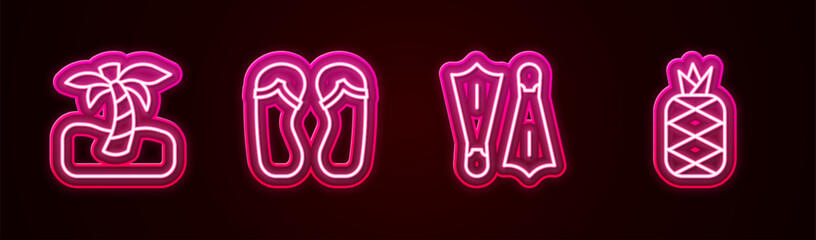 Set line Tropical palm tree, Flip flops, Rubber flippers for swimming and Pineapple. Glowing neon icon. Vector