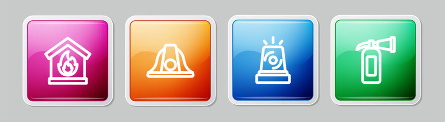 Set line Fire in burning house, Firefighter helmet, Flasher siren and extinguisher. Colorful square button. Vector