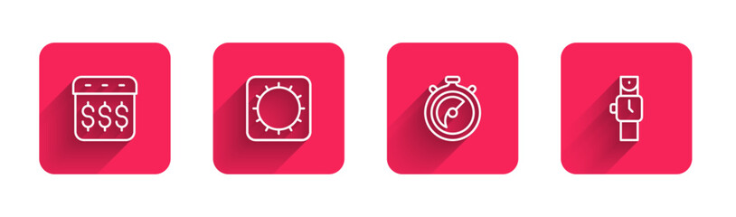 Set line Payday, calendar with dollar, Sun, Stopwatch and Wrist with long shadow. Red square button. Vector