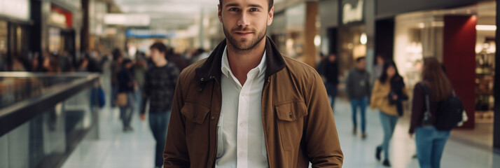 Handsome well dressed male at shopping mall, professional photo with blurry background for background banner or header