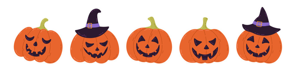 Set hand drawn of Halloween pumpkins with scary faces. Cute characters. Collection of different types of carved pumpkins.