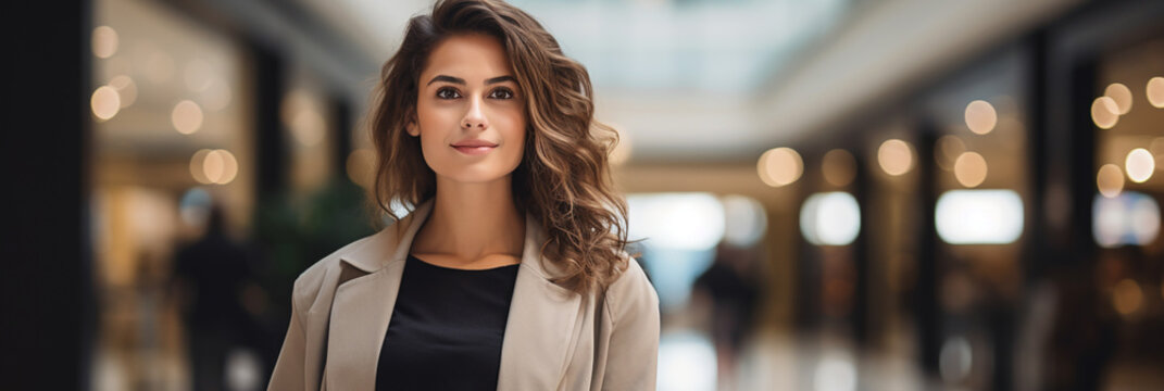 Beautiful well dressed female professional portrait photo at shopping mall for background banner or header