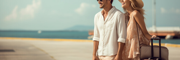 Professional photo on young handsome couple on beach during holiday summer travel, copy space background banner or header
