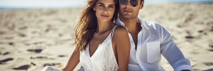 Professional photo on young handsome couple on beach during holiday summer travel, copy space background banner or header