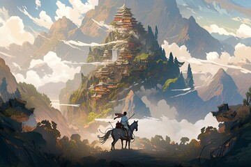 An illustration of astonishing view of a person riding horse in fantasy world generative ai