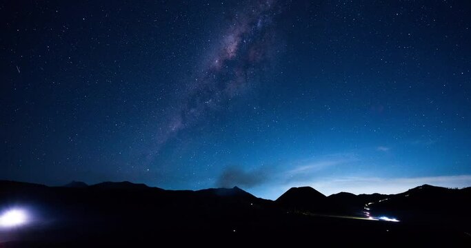 Night to day timelapse of Milky Way followed by sunrise above Mount Bromo, Indonesia	