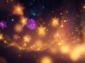 Fototapeta premium Blurred christmas background with sparkles, stars, shiny garland, illumination, decorations. Copyspace for new year greeeting card, postcard.