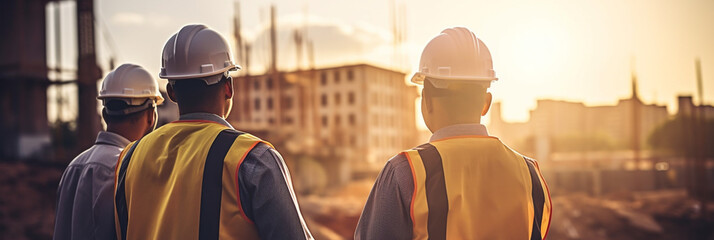Professional construction workers team photo at construction site, concept of business teamwork and collaboration, background banner or header