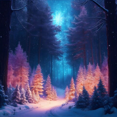 Fototapeta premium Winter magical landscape on a christmas night, eve with fir trees, snow, sparkles, lights. New year greeting card, postcard, background.
