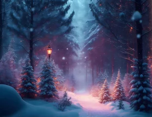 Foto op Canvas Winter magical landscape on a christmas night, eve with fir trees, snow, sparkles, lights. New year greeting card, postcard, background. © Neitiry