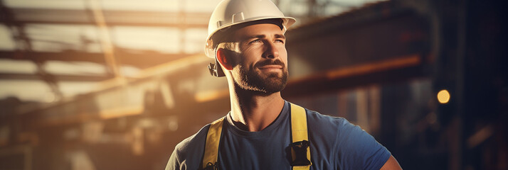 Handsome male construction worker or engineer, professional photo during worktime at construction site, background banner or header with copy space