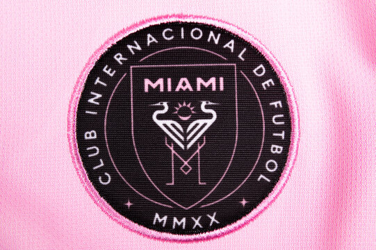 EMBROIDERED SHIELD OF INTER MIAMI CF SOCCER TEAM. PHOTOGRAPH TAKEN ON AUGUST 26, 2023, IN THE PROVINCE OF MENDOZA, ARGENTINA.