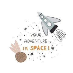 Kids room poster with rocket, starry sky and hand drawn lettering