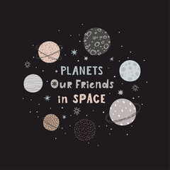 Poster for kids room with planets, starry sky and hand drawn lettering