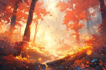 Foto auf Acrylglas Fantasielandschaft Beautiful autumn forest scenery right sun female knight generative ai