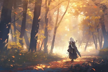 Foto op Canvas Beautiful autumn forest scenery right sun female knight generative ai © Gilang