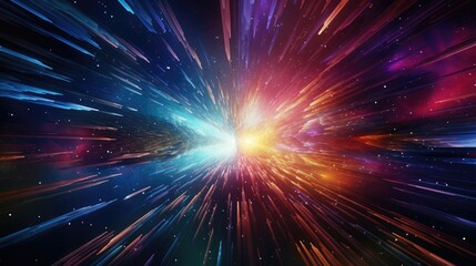 A 3D render of a fragmented hyperspace tunnel, with glowing neon rays and explosive lights. The abstract pattern and cosmic illumination create a sense of speed and a futuristic galaxy theme