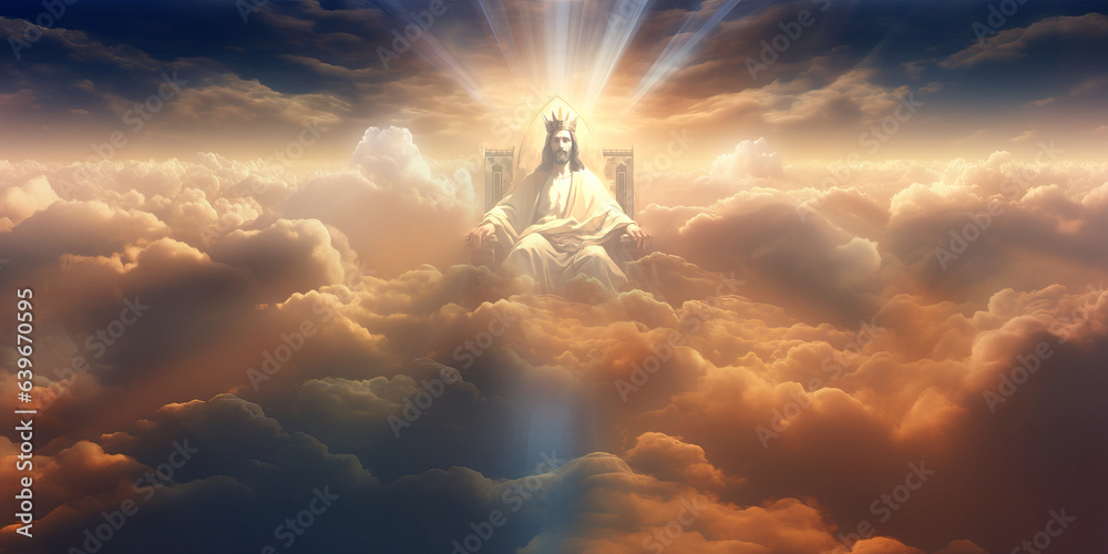 Wall mural our lord, jesus christ our saviour, sitting on a throne high above the clouds in heaven, with healin