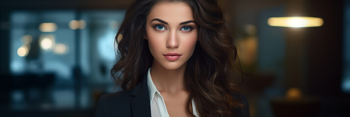 Fototapeta premium Beautiful well dressed female business executive employee, professional portrait photo in office, generative ai