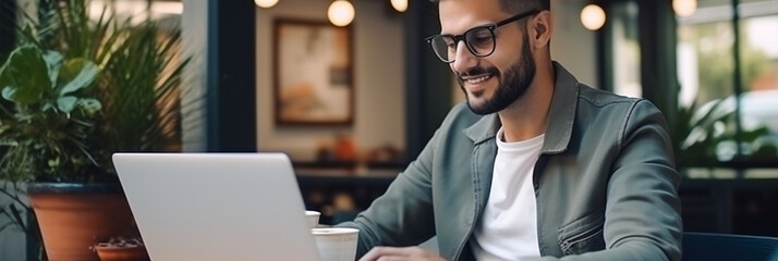 Handsome young male sitting smiling behind laptop finishing business work and scrolling internet, background banner or header - obrazy, fototapety, plakaty