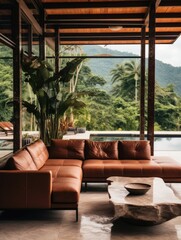 Terra cotta leather sofa in cute minimalist room with swimming pool in patio view. Interior design of modern living room in luxury villa