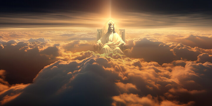 Jesus Christ the saviour sits above the clouds in heaven on a throne. Bright golden light eminates from his prescence