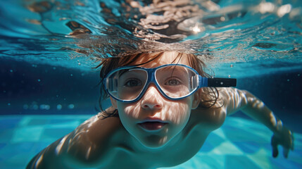 Fototapeta premium Generative AI, child, boy or girl swimming in the pool, swimming training, sports lifestyle, kids sports activities, childhood, water sports, emotions, kids swim
