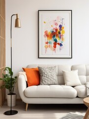 White sofa and colorful cushion and cute art poster on white wall. Interior design of mid-century living room