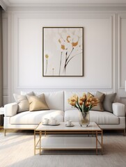 White sofa and cute golden coffee tables in bright mid century room. Interior design of modern living room