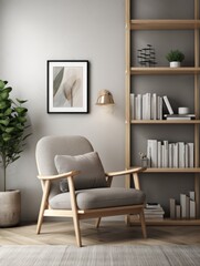 Fototapeta na wymiar Wooden bookshelf and armchair. Scandinavian interior design of cute modern living room