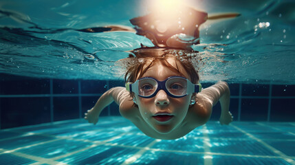 Fototapeta premium Generative AI, child, boy or girl swimming in the pool, swimming training, sports lifestyle, kids sports activities, childhood, water sports, emotions, kids swim