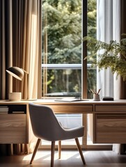 Wooden chair and cute desk near window. Interior design of modern home workplace