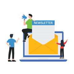 Subscribe now to our newsletter vector illustration with tiny people working with envelope and newsletter Buttons template Subscribe, submit Send by mail Follow me Business model newsletters content
