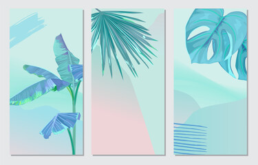 Tropical  cards set with palm leaves. Neon minimal background. Vector illustration. Summer jungle collection.