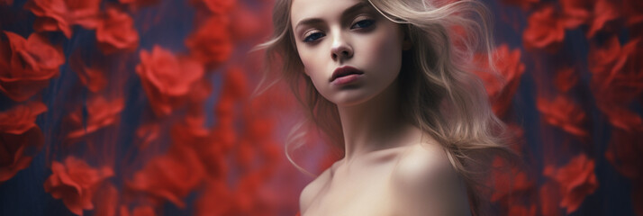 Obraz na płótnie Canvas Beautiful female professional model, studio photoshoot style, generative ai