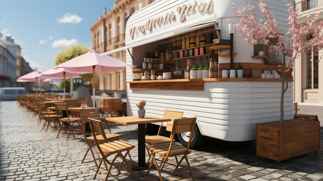 Chill and Charm. Exploring the Ice Cream Van Hub with Wooden Tables and Chairs. Generative AI