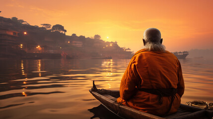 Old Man's Contemplative Sunset Cruise on the Ganges. Generative AI - obrazy, fototapety, plakaty