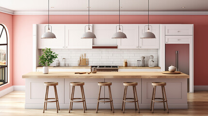 The Charm of a Pink Kitchen with White Cabinets and Kitchen Island. Generative AI - obrazy, fototapety, plakaty